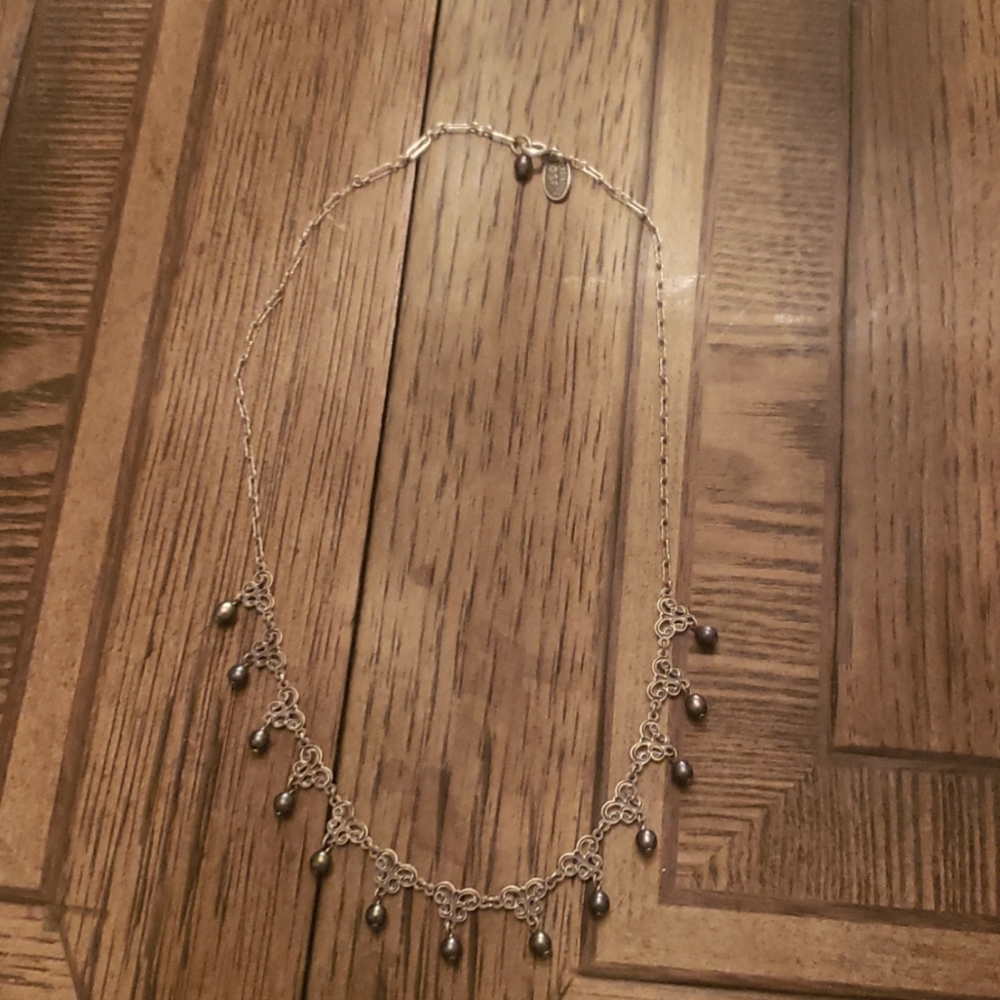 Liz Paiacios San Francisco Dainty Art Nouveau Black Pearl Necklace 17"